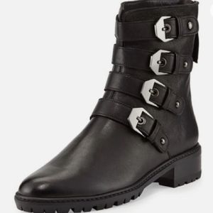 STUART WEITZMAN Jitterbug Buckle Leather Moto Boots